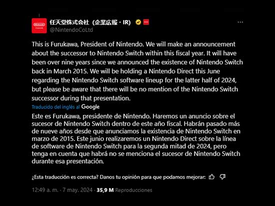 Nintendo confirma sucesora de Switch